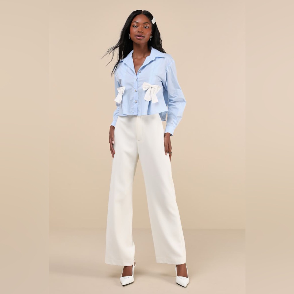 Blue Eyes Light Blue Long Sleeve Cropped Bow Button-Up Top Sister Jane Nwt